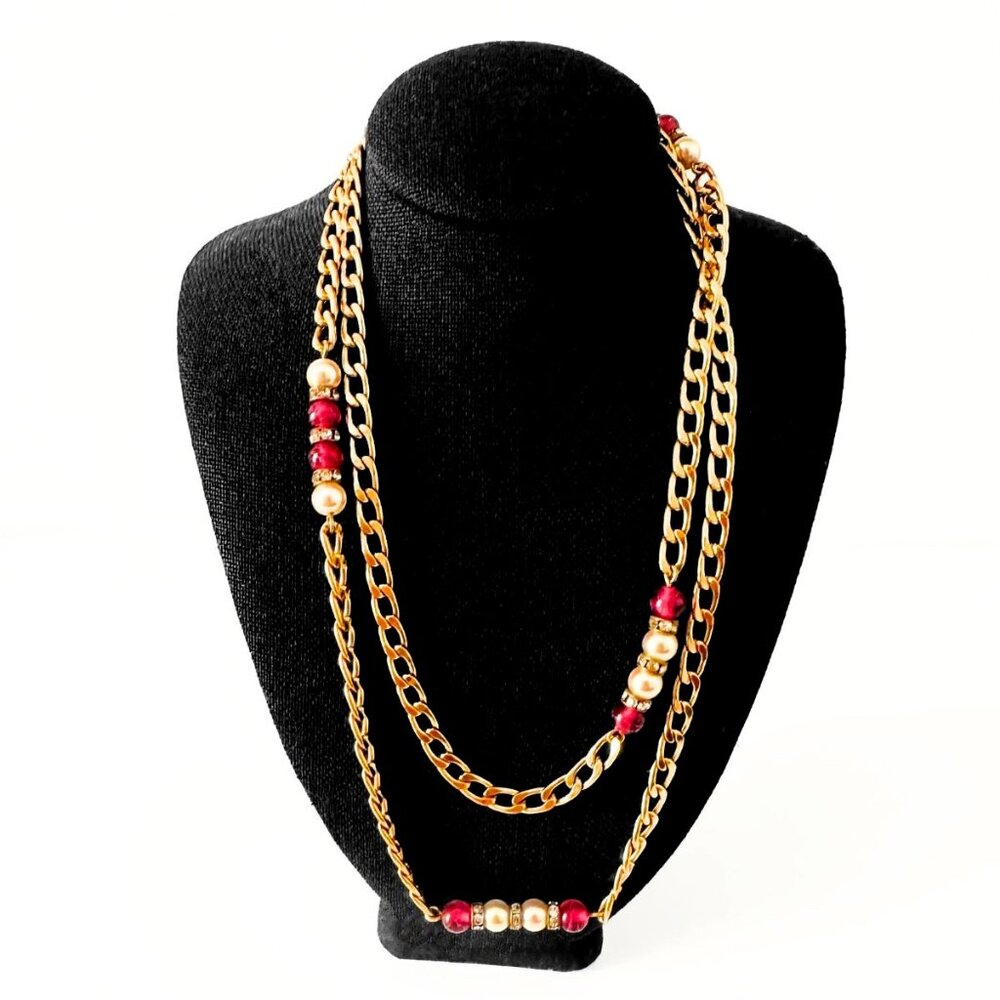 CHRISTIAN DIOR Vintage Gold Plated Faux Pearl Rhinestone Chain Necklace 32”